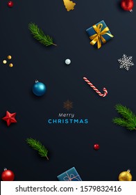 Christmas background, banner, frame, header, background or greeting card design with christmas decor including baubles, gift box, fir tree cuttings, glitter and confetti. Vector Illustration.