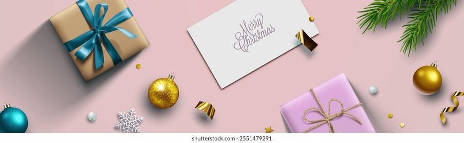 Christmas background, banner, frame, header, background or greeting card design with christmas decor including baubles, gift boxes, fir tree cuttings, glitter and confetti. Vector Illustration.