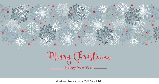 Christmas background, banner or greeting card with snowflakes and stars in light blue and red colors. Vector illustration