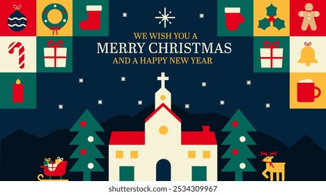 Christmas Background banner illustration with festive icons. Greeting seasonal holiday card design. Vector poster with happy wishes