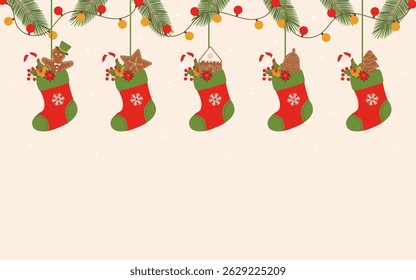 Christmas background. Banner with christmas socks and gingerbreads.