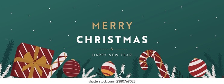 Christmas background banner template decorated with ornaments, presents and candies (green)