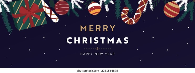 Christmas background banner template decorated with presents, ornaments and candies (blue)