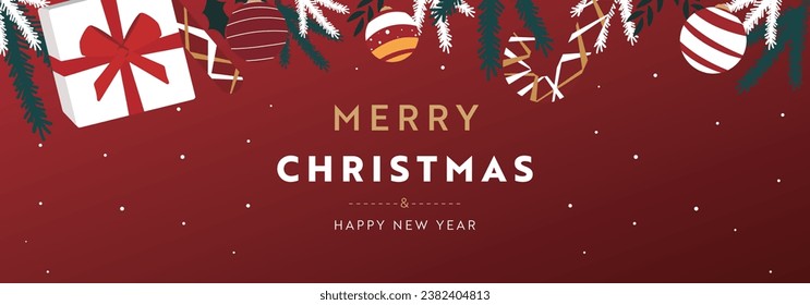 Christmas background banner template decorated with presents, ornaments and candies (red)