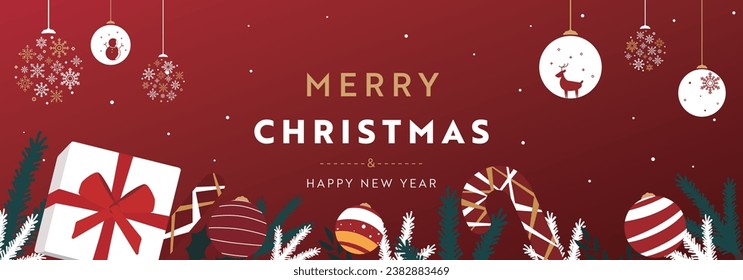 Christmas background banner template decorated with presents, candies and ornaments (red)