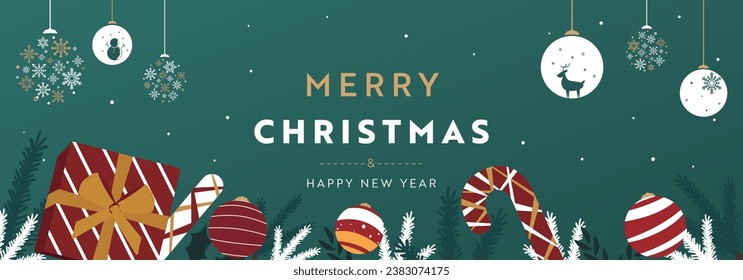Plantilla de banner de fondo navideño decorada con regalos, caramelos y adornos (verde)