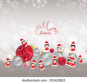 Christmas background with bauble, kids, snow and snowflakes