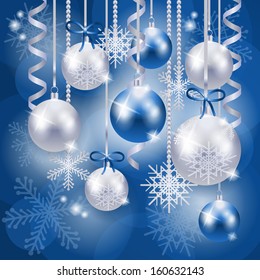 Christmas background with baubles in blue, vector