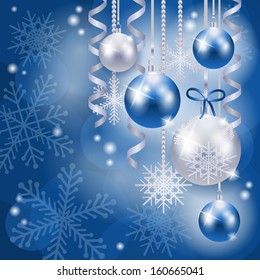 Christmas background with baubles in blue, vector