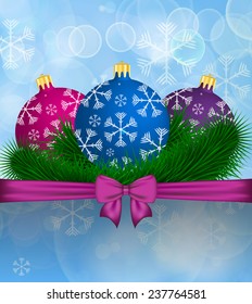 Christmas background with baubles, bow and branches of fir tree