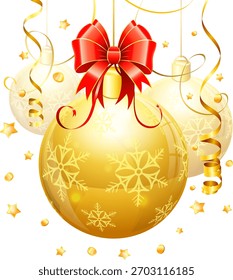 Christmas Background with Baubles and Bow, vector illustration