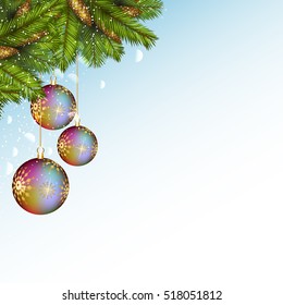 Christmas background with baubles and fir branches