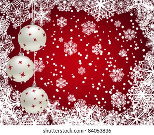 Christmas background with baubles and frame of snowflakes