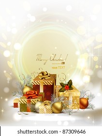Christmas background with baubles and Christmas gifts