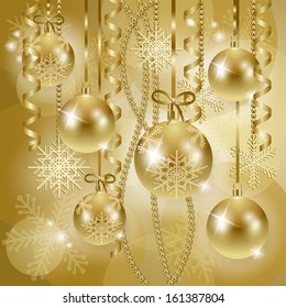 Christmas background with baubles in gold, vector 