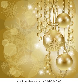 Christmas background with baubles in gold, vector