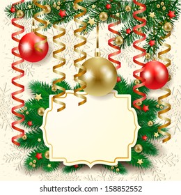 Christmas background with baubles and label, vector