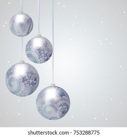 Christmas background with baubles on ribbons. Balls with abstract floral ornament for New Year and Christmas design. Vector template