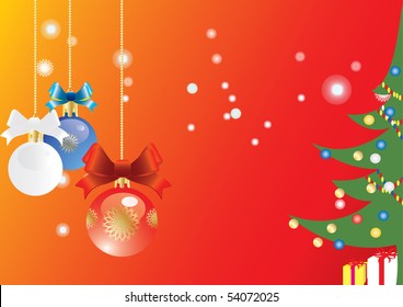 christmas background with baubles and pine tree