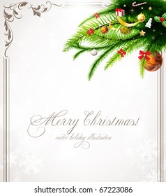 christmas background with baubles, retro frame and christmas tree