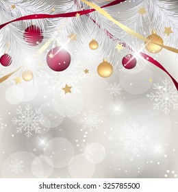 Christmas background with baubles, ribbons and pine-needles/design with place for your text or headline/Happy New Year vector illustration.