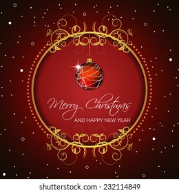 Christmas background with baubles and snow for greeting card and happy holiday/vector illustration