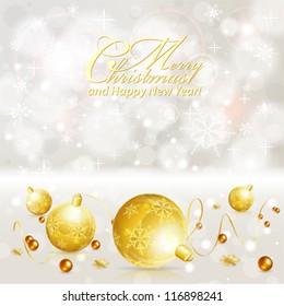 Christmas Background with Baubles and Streamer, vector illustration