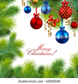 christmas background with baubles and christmas tree