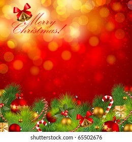 christmas background with baubles and christmas tree