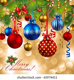 christmas background with baubles and christmas tree