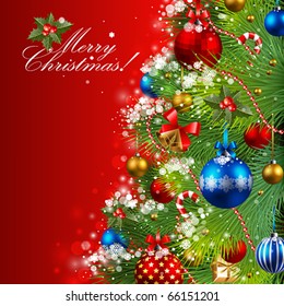 christmas background with baubles and christmas tree