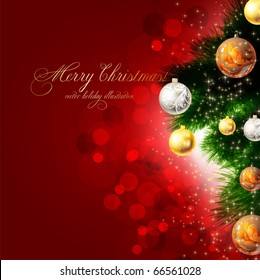 christmas background with baubles and christmas tree