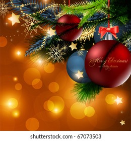 christmas background with baubles and christmas tree