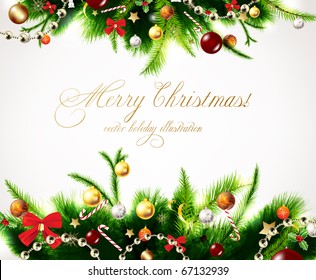 christmas background with baubles and christmas tree