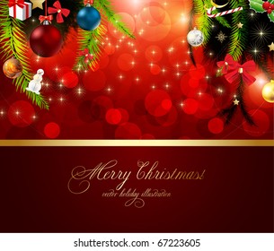 christmas background with baubles and christmas tree
