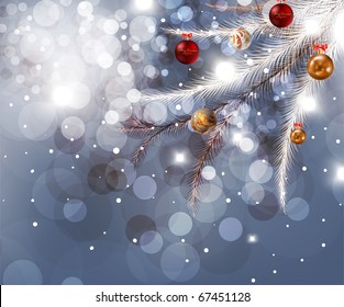 christmas background with baubles and christmas tree
