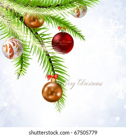christmas background with baubles and christmas tree