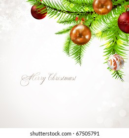 christmas background with baubles and christmas tree