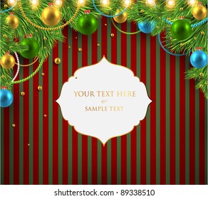christmas background with baubles and christmas tree