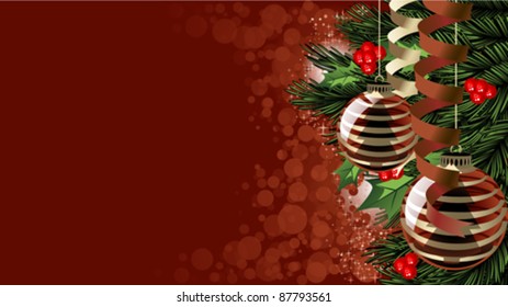 christmas background with baubles and christmas tree branch 16:9 eps8