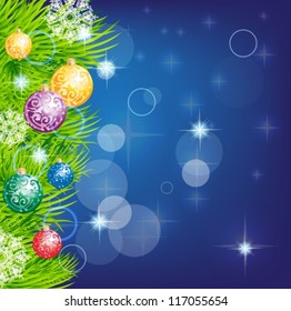 christmas background with baubles and christmas tree for design, vector