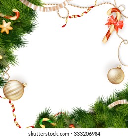 Christmas background with baubles and christmas tree. EPS 10 vector file included