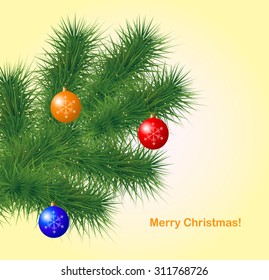 Christmas background with baubles and Christmas tree.  Greeting card. Vector illustration