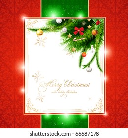 christmas background with baubles and christmas tree. New Year invitation with seamless background.