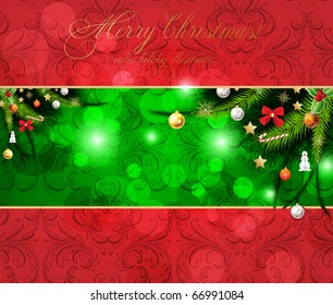 christmas background with baubles and christmas tree. New Year invitation with seamless background.