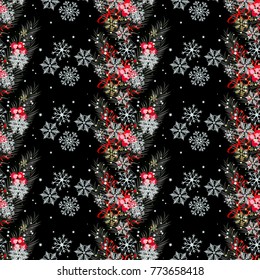 Christmas background with baubles and christmas tree. New Year seamless background.