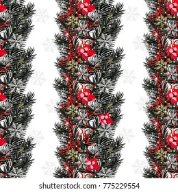 Christmas background with baubles and christmas tree. New Year seamless background.
