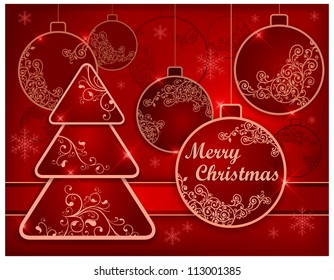 Christmas background with baubles and tree & text, vector illustration in red color