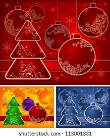 Christmas background with baubles and tree, vector illustration in red color
