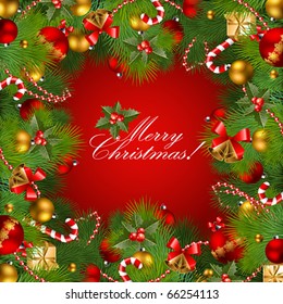 christmas background with baubles and christmas tree. Vector frame with green fir